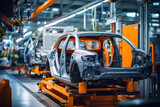 Car production line. Assembling a car on a conveyor belt. Close-up of a car body. Automotive industry Interior of a high-tech factory, modern production.