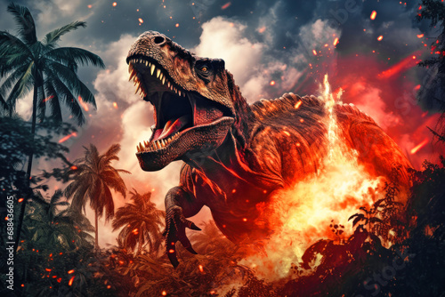 Obraz A terrible dinosaur Tyrannosaurus T-rex with an open huge mouth against a background of fire and smoke in the burning primeval jungle. Death of the dinosaurs.