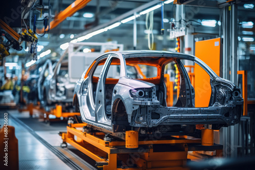 Car production line. Assembling a car on a conveyor belt. Close-up of a car body. Automotive industry Interior of a high-tech factory, modern production. © Anoo