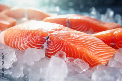 Fresh salmon or trout fish fillet on ice, ready for cooking. Storing fresh chilled fish. Close-up.