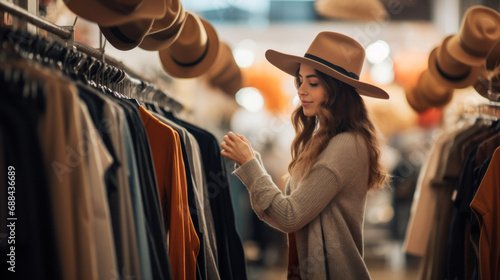 Cheerful pretty young woman buyer choosing clothes from rack in clothing store, blurred background. Cute female shopaholic select and buying clothes in fashion boutique during sale.