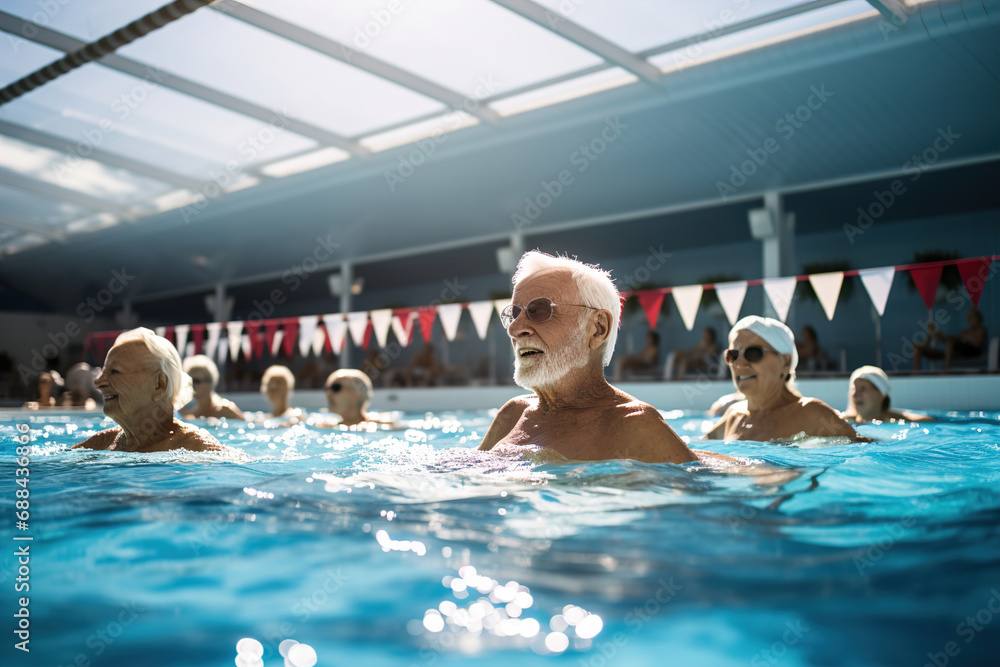 Group of elderly people doing health exercises in a pool.
