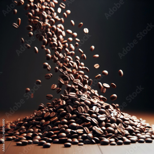 abstract delicious falling coffee beans on to wooden table
