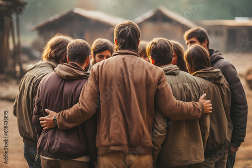 A group of people emigrants standing in the middle of a street hugging each other.