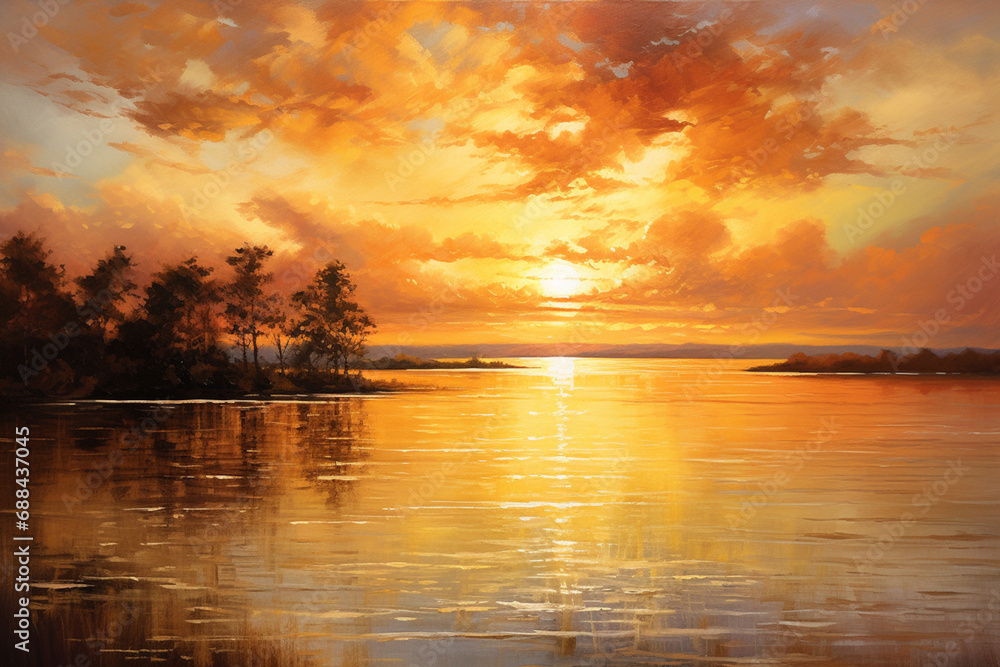 Sunset Over the Lake, Oil Painting