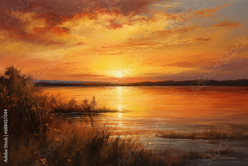 Sunset Over the Lake, Oil Painting