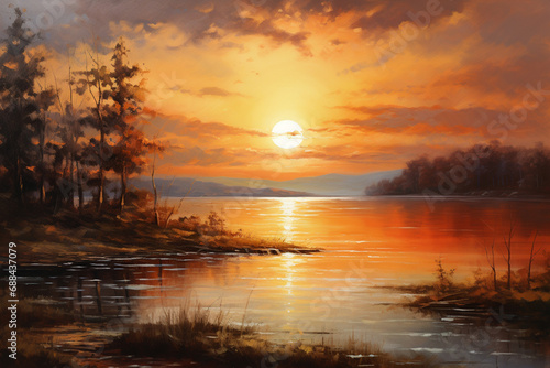 Sunset Over the Lake  Oil Painting