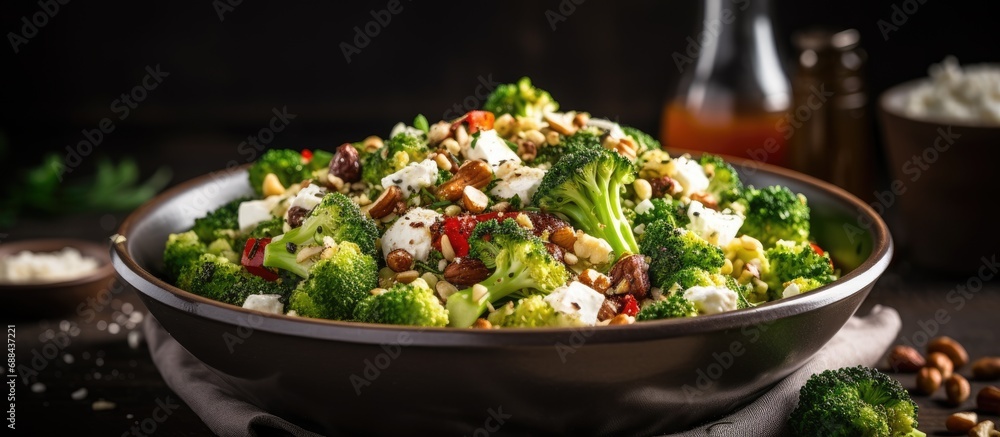 Vegetarian keto-friendly salad with broccoli, feta, sun-dried tomatoes, and pine nuts.