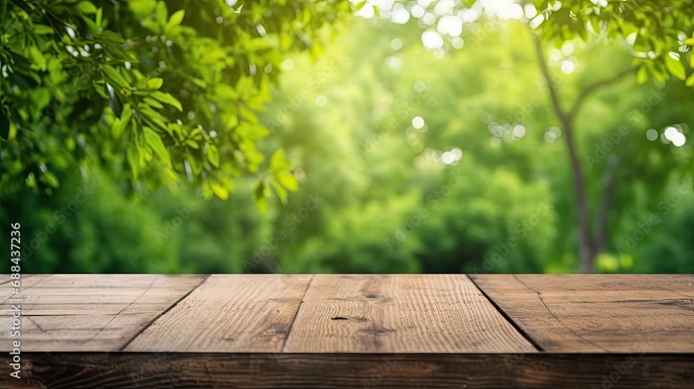 Empty old wooden table with green nature background Empty old wooden table with green nature background