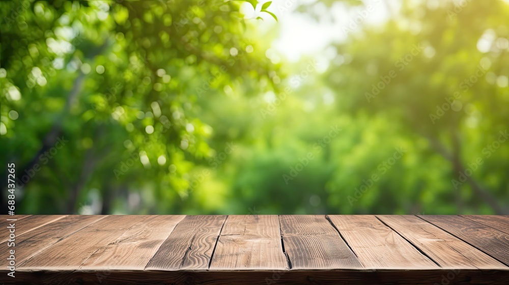 Empty old wooden table with green nature background