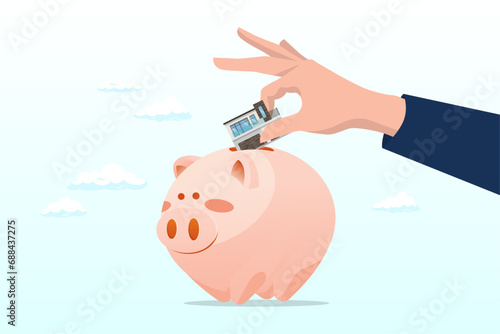 Human man holding warm family house insert into pink piggy bank, saving for house, mortgage or housing loan, collect money for down payment (Vector)