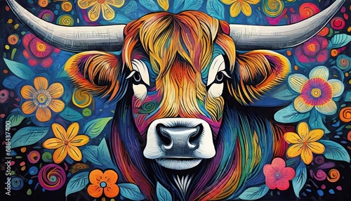 highland cow bright colorful and vibrant poster illustration