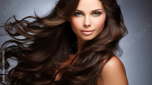 Beautiful brunette woman with long wavy coloring hair. Flat gray background.