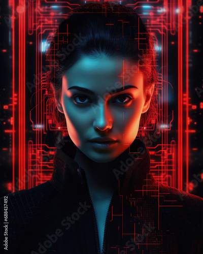 Futuristic cyberpunk portrait of a young woman