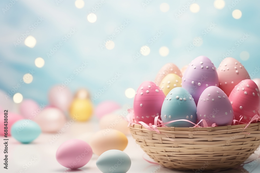 Beautiful pastel Easter eggs in wicker basket on light shining background. Celebrating Easter. Holiday banner. Easter postcard. Beautiful pastel Easter eggs in wicker basket on light shining background. Celebrating Easter. Holiday banner. Easter postcard.