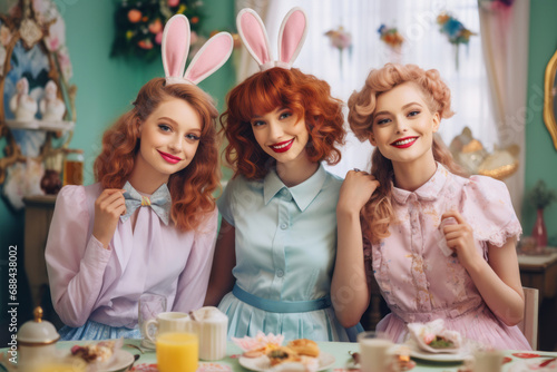 Funny hipster friends wearing Easter bunny ears and fancy outfits sitting by the dinner table. Men and women in fancy pastel colored clothes celebrating Easter indoors.