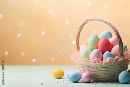 Beautiful pastel Easter eggs in wicker basket on light shining background. Celebrating Easter. Holiday banner. Easter postcard.