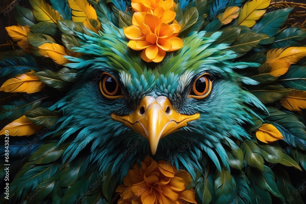 Obraz premium Bird with fantasy green feathers on a beautiful branch.