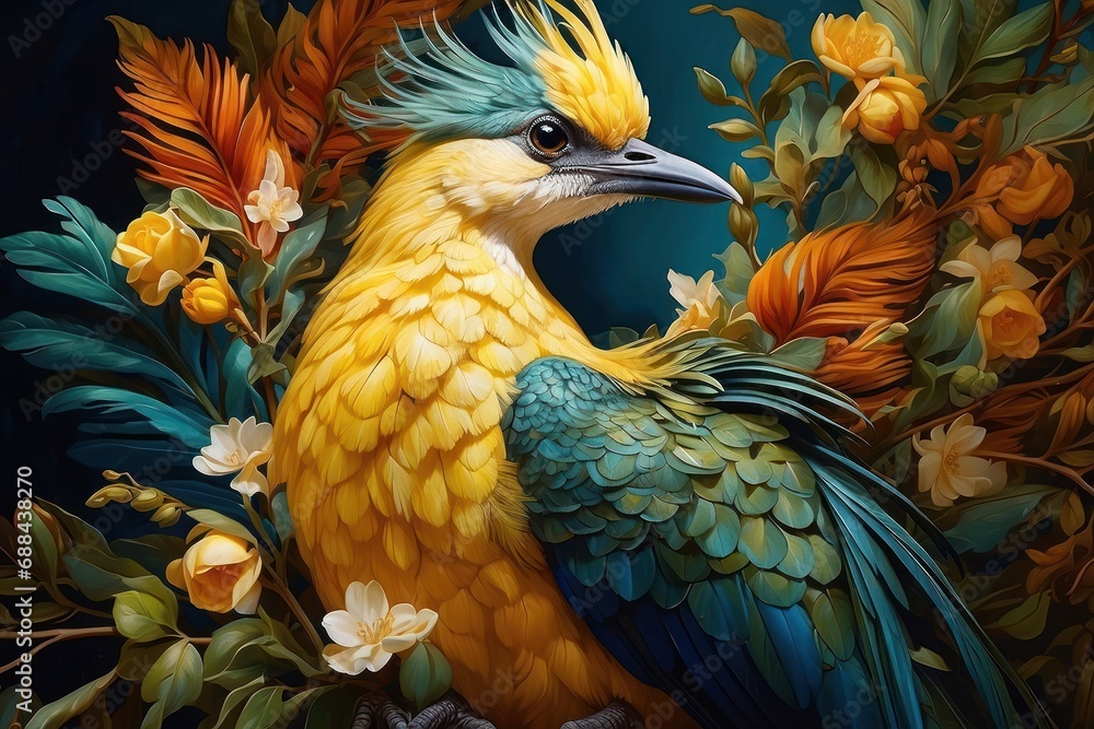 Obraz premium Bird with fantasy green feathers on a beautiful branch.