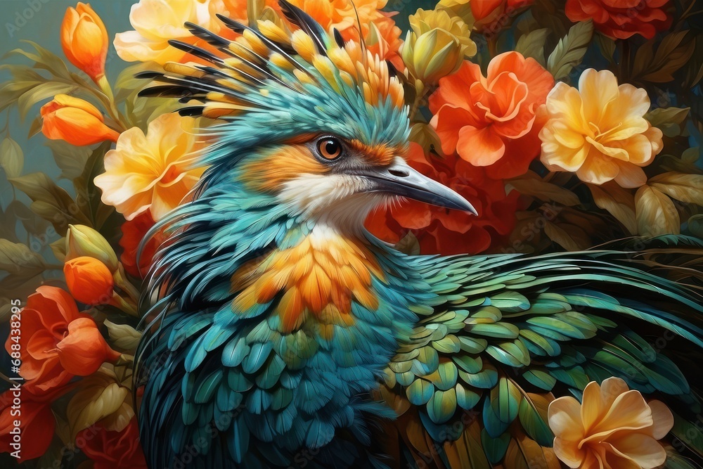 Obraz premium Bird with fantasy green feathers on a beautiful branch.