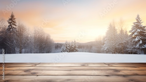 Empty old wooden table with winter