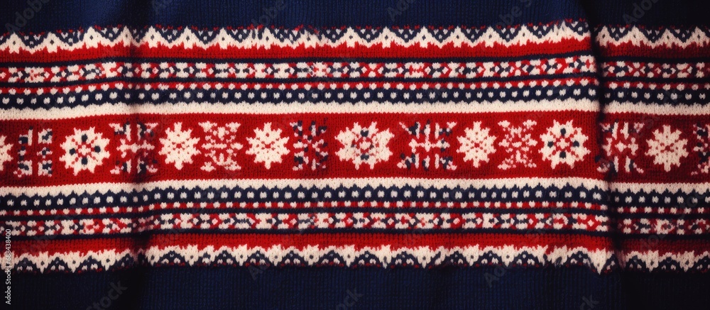 Traditional Nordic pattern on red, white, and blue wool sweater with stripes, stars, and USA Flag motif. Traditional Nordic pattern on red, white, and blue wool sweater with stripes, stars, and USA Flag motif.