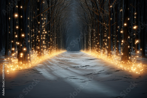 a path with lights in the snowy forest. snowy night scene