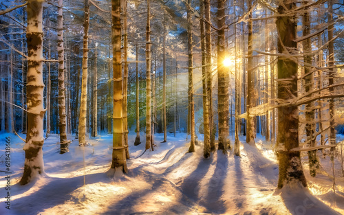 Enchanting Winter Wonderland: Majestic Pine Trees Blanketed in Glistening Snow