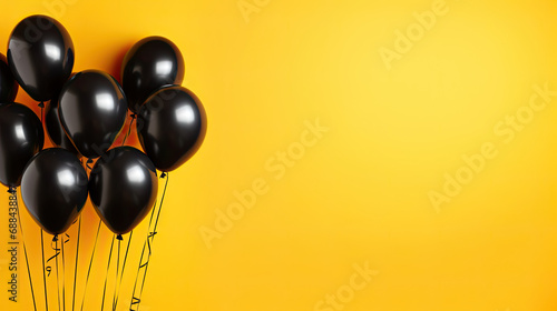 bunch of black balloons on a yellow background with copy space
