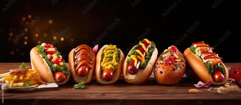 Hot dogs with condiments on table