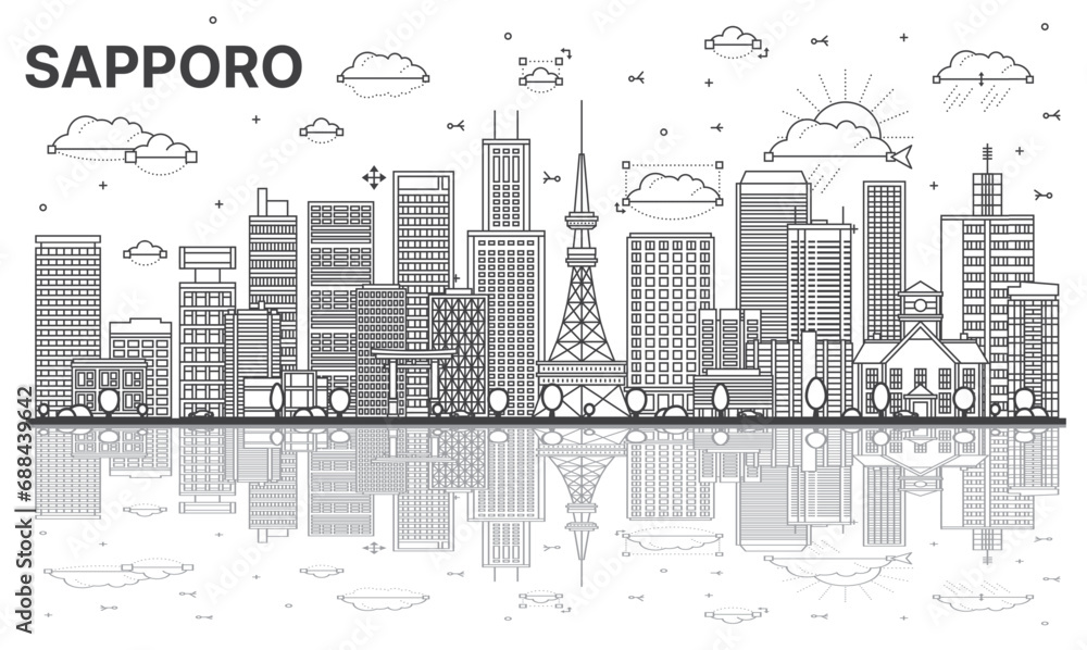 Outline Sapporo Japan city skyline with modern, historic buildings and reflections isolated on white. Sapporo cityscape with landmarks. - obrazy, fototapety, plakaty 