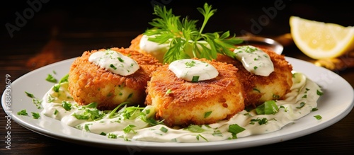 Crab cakes topped with lettuce, lemon, and tartar sauce.
