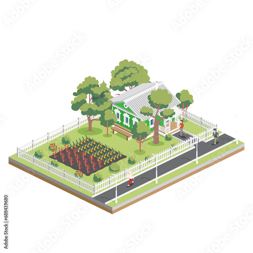 Isometric old house with trees and vegetable garden beds in suburb. Infographic element. Farm isolated on white background. Ecological natural organic agriculture. Growing plants.