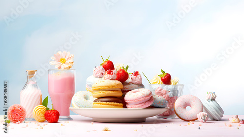 Sweet diet donuts, marshmallows, strawberry milkshakes on a light blue background