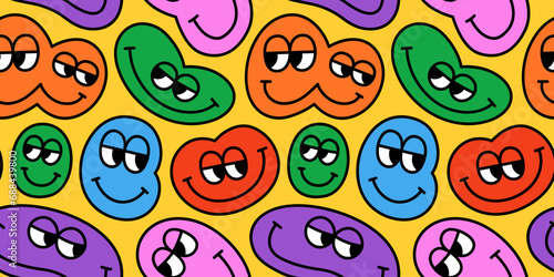 Funny melting smiling happy face colorful cartoon seamless pattern. Retro psychedelic drug effect smile icon background texture. Trendy character doodle wallpaper.