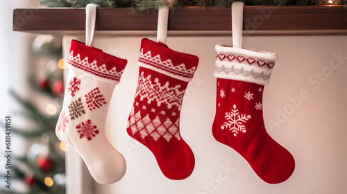 Christmas socks hanging on shelf in linving room with Christmas decoration photo