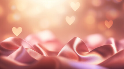 Beautiful golden Valentine's day background with soft pastel pink silk and heart shape bokeh