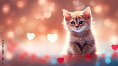 Cute cat on heart shape bokeh background