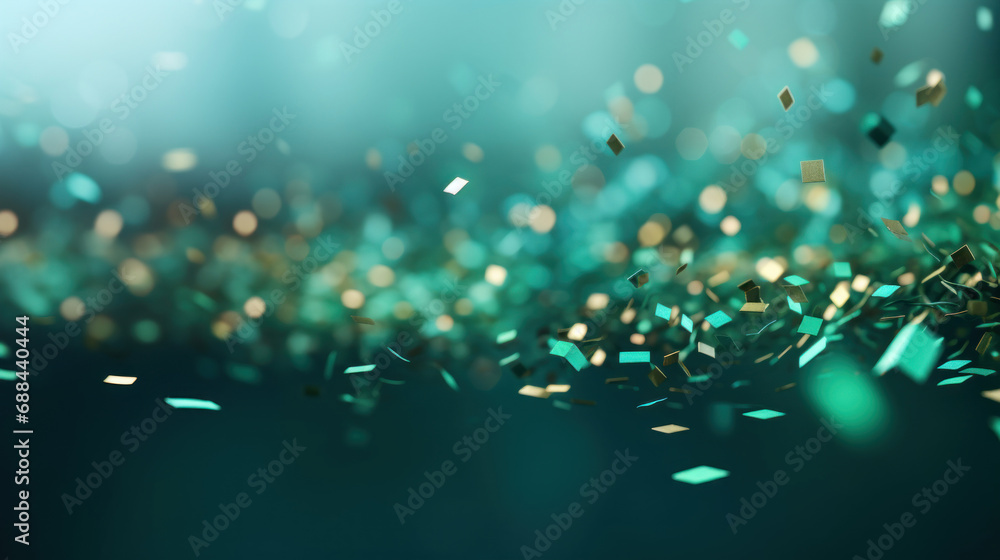 Abstract background with confetti on green ribbons on golden light backdrop - obrazy, fototapety, plakaty 