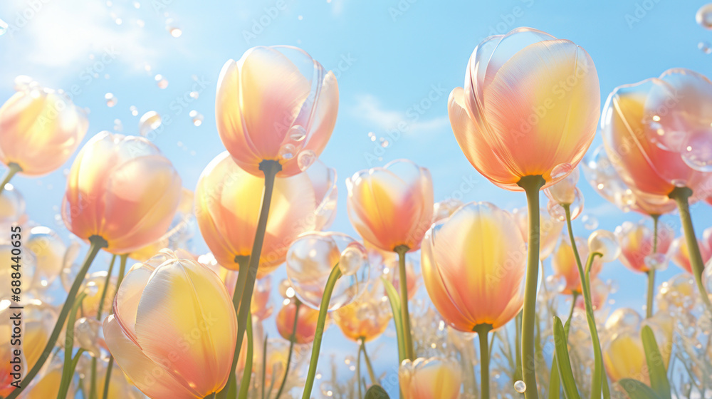 Pastel tulips on blue sky background