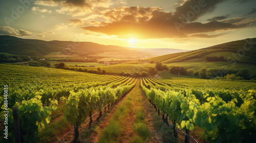 Extra wide panoramic shot of a summer vineyard road shot at sunset