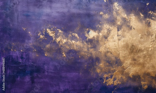 Gold grunge paint on purple paper background