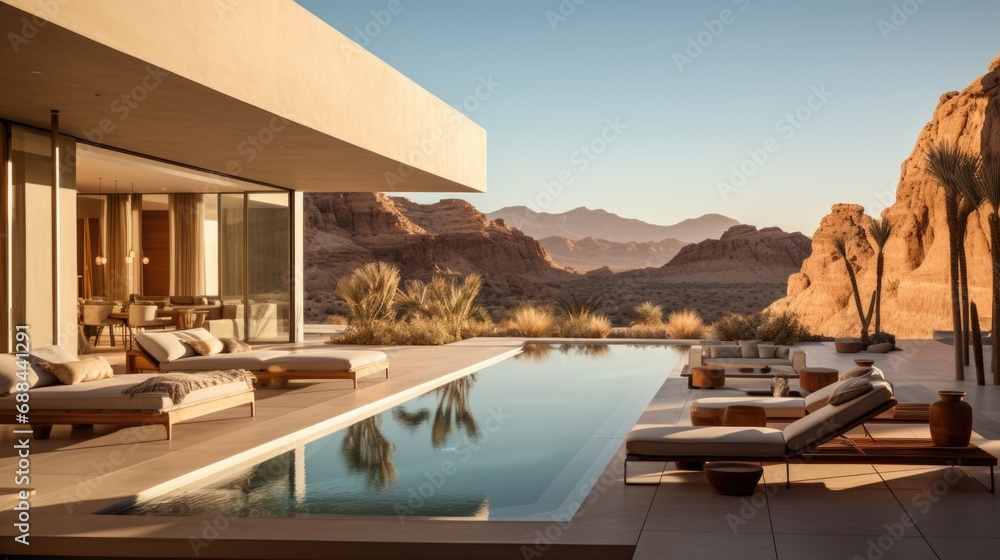 Fototapeta premium White villa with swimming pool, breathtaking view for dessert dunes