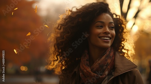 A woman with curly hair smiles in the fall. Generative AI.