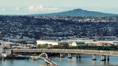 Aerial: Mangere Bridge over the Manukau Harbour, Auckland, New Zealand photo