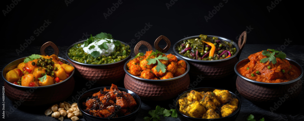 Fresh indian food in dark bowls on black background. - obrazy, fototapety, plakaty 