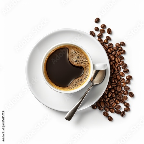 Hot freshly made cup of black coffee in a white cup and saucer with silver spoon and coffee beans isolated against a white background