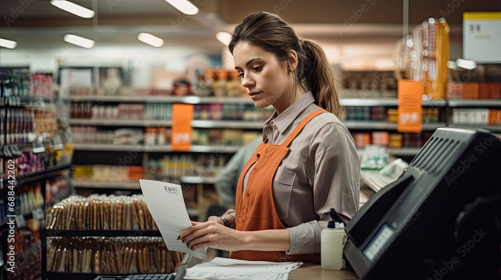 Female Employee Calculates bill for Customer Female Employee Calculates bill for Customer