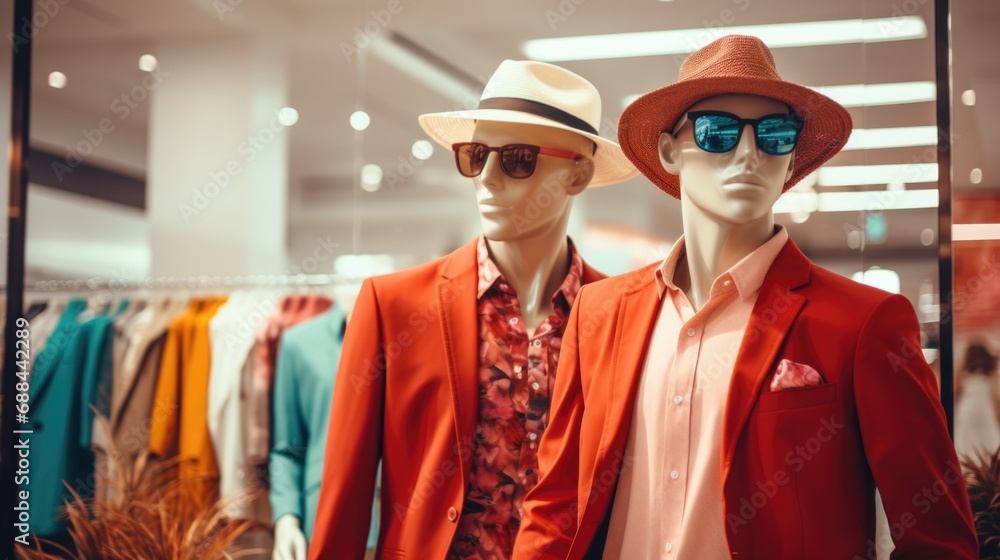 Fashionable clothes on a mannequin in a clothing store. Modern fashion. Clothes sale. Fashionable clothes on a mannequin in a clothing store. Modern fashion. Clothes sale.