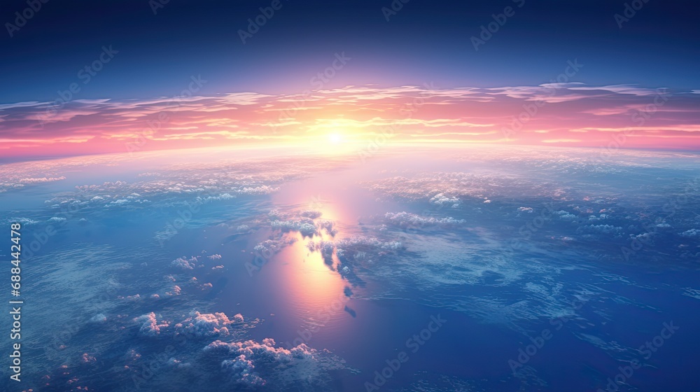 Flying over the world's oceans at dawn Airplane Flying over the world's oceans at dawn Airplane